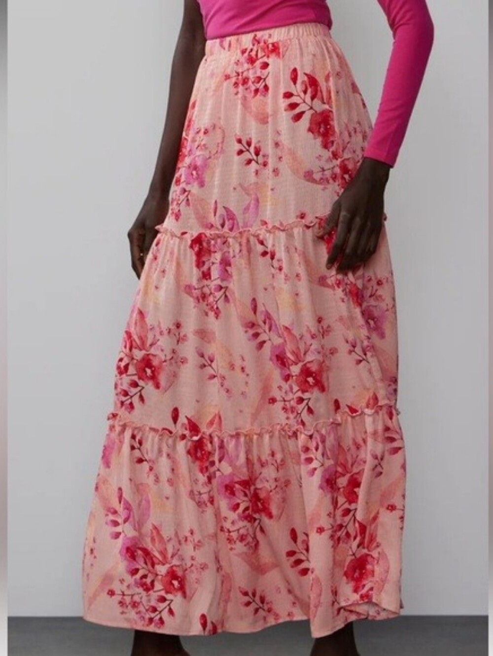 NWT NY&Co Size M Floral Pink Elastic Waist Maxi Skirt
